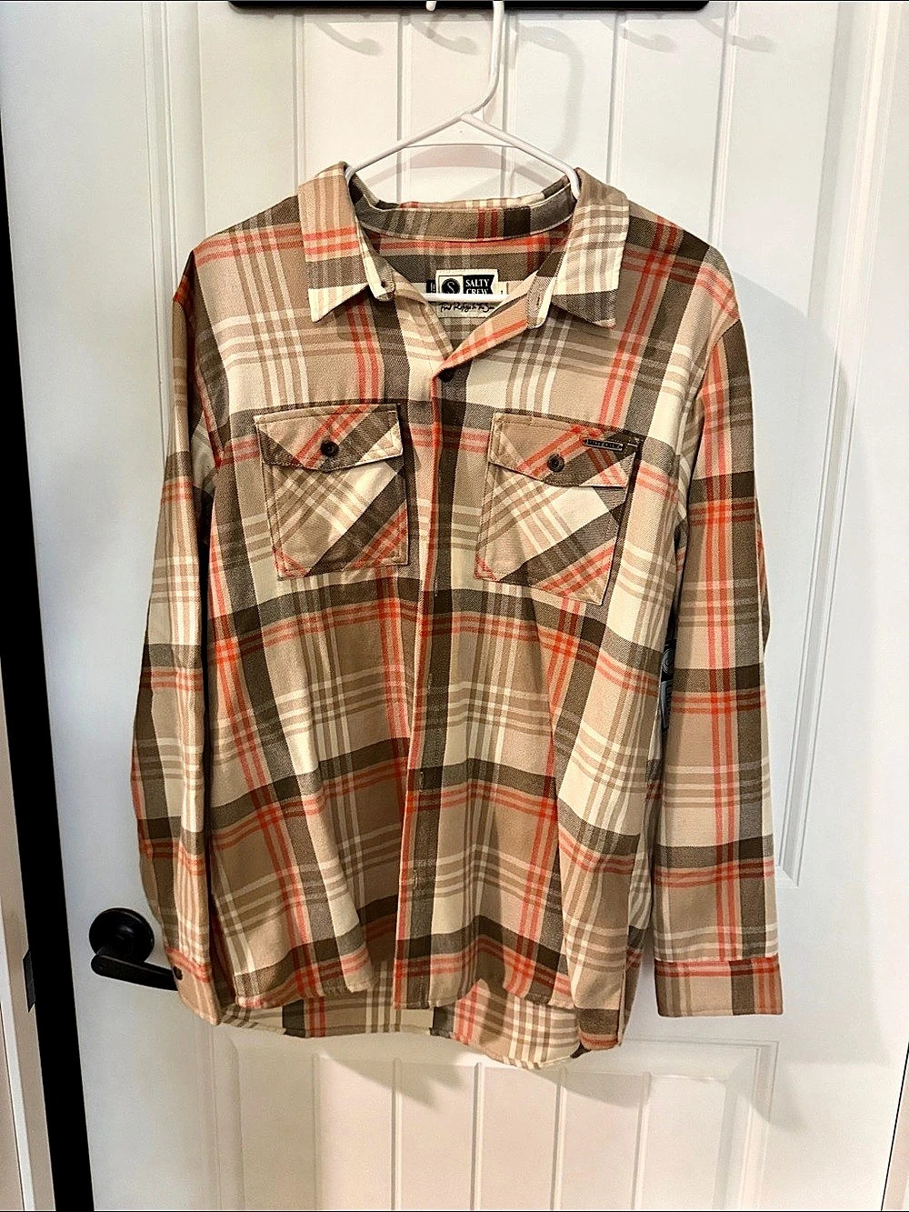Salty Crew Long Haul Flannel Plaid Cotton Shirt Brown & Red Large